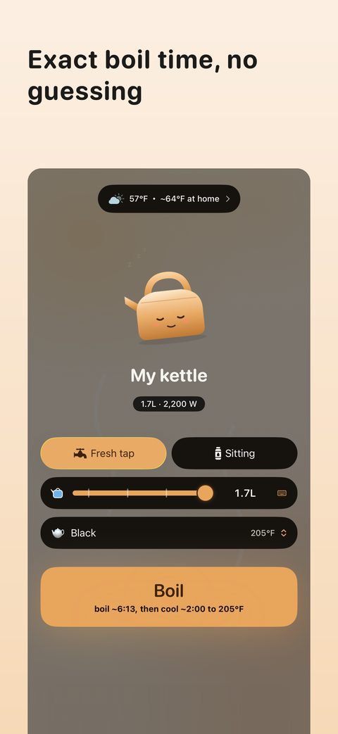 Keetle's home screen: the kettle, the water amount and the Boil button